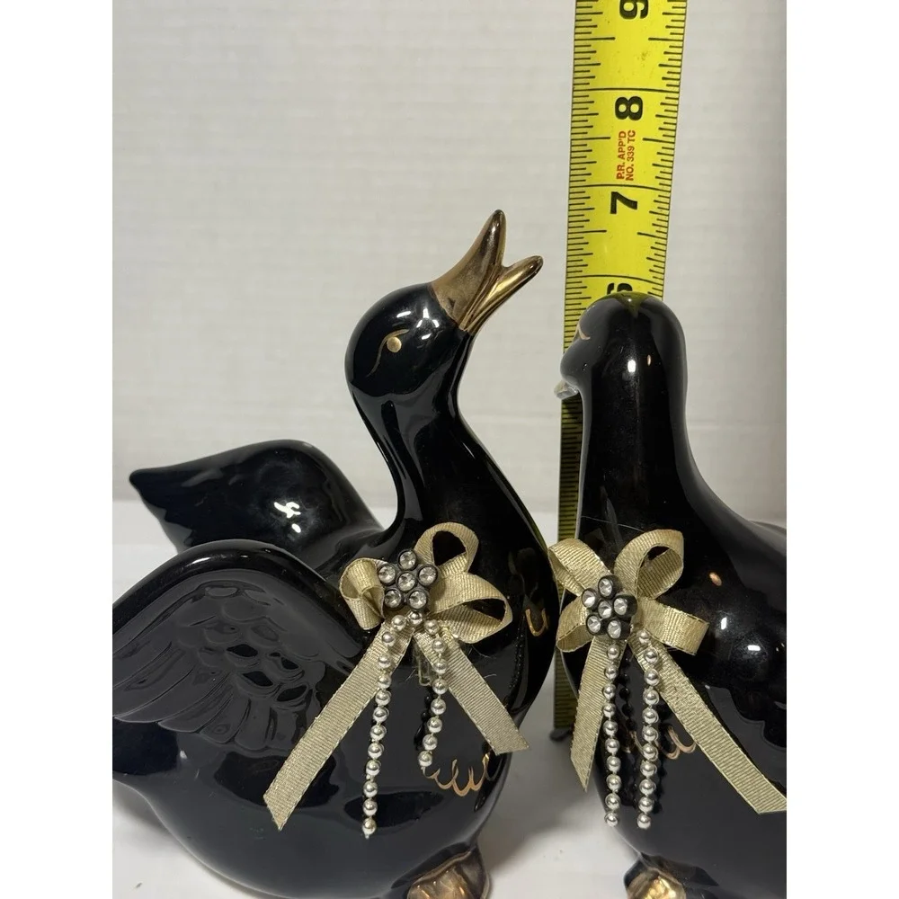 VTG Black Gold Ceramic Ducks Set Animal Figurines Made In Taiwan 6